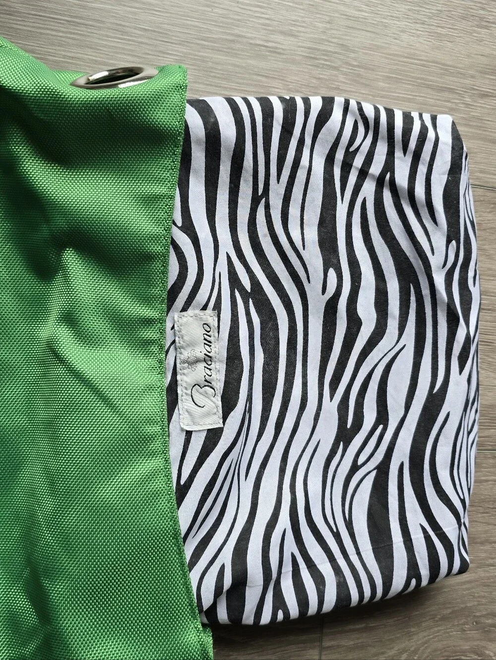 Braciano Green Nylon Hobo Shoulder Bag Y2K Silver O-Ring Zebra Print Lining